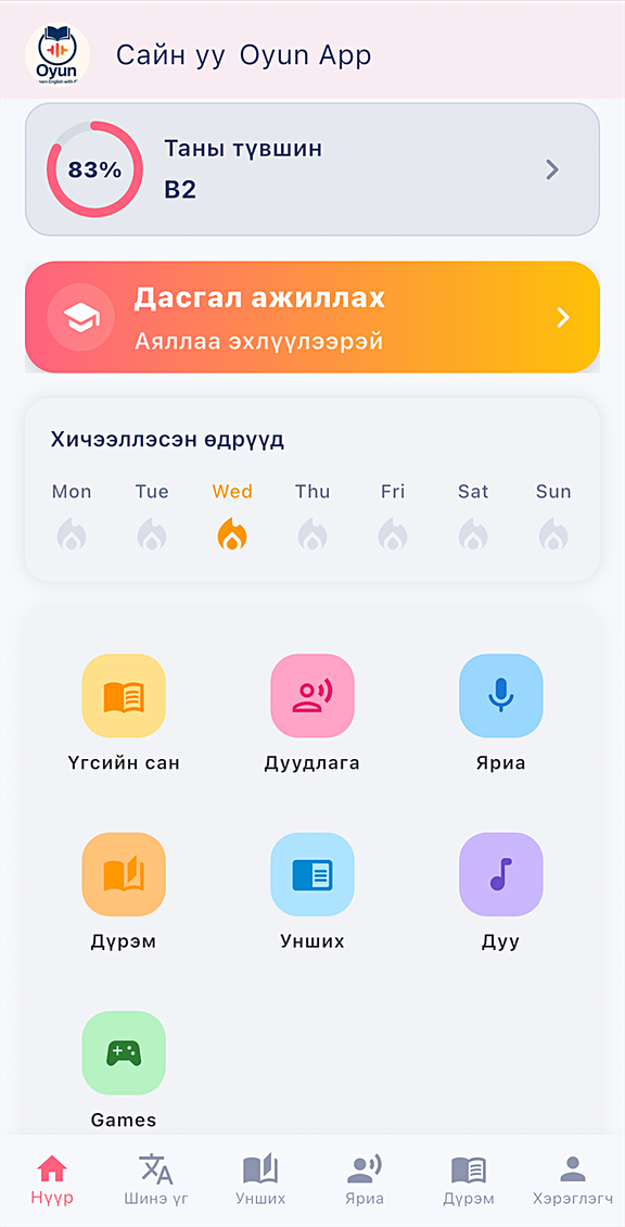 Oyun AI аппын сургалтын самбар